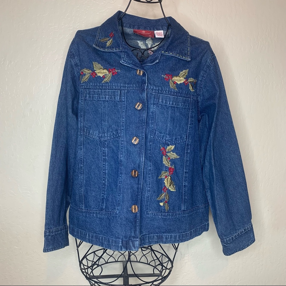 Holiday Lodge Northcrest Blue Embroidered Holly Berries Denim Jacket